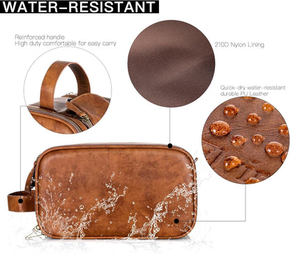 Elviros Toiletry Bag for Men, Large Travel Shaving Dopp Kit Water-Resistant Bathroom Toiletries Organizer PU Leather Cosmetic Bags (Brown, Large)