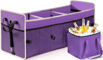GPUSFAK Purple Car Trunk Organizer with Cooler Bag - 3 Compartment Collapsible Car Storage Organizer for SUV