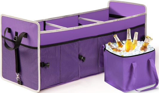 GPUSFAK Purple Car Trunk Organizer with Cooler Bag - 3 Compartment Collapsible Car Storage Organizer for SUV