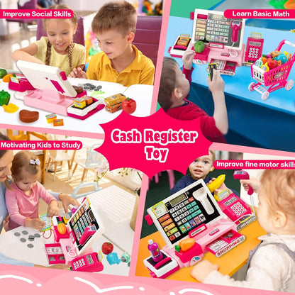 Interactive Kids Cash Register Toy - Educational Pretend Play Store Set with Shopping Cart, Includes Music, Real Calculator & Scanner - Ideal Birthday Gift for Girls & Boys Ages 3-8 (Red-Pink)