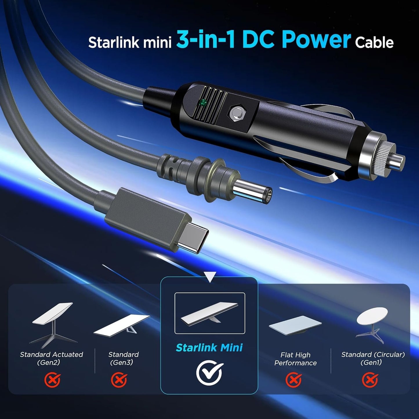 3 in 1 Starlink Mini Cable 10FT/ 3M, High-Speed USB C/Car Charger/DC to DC Replacement Waterproof Extension Starlink Mini Power Cable Accessories