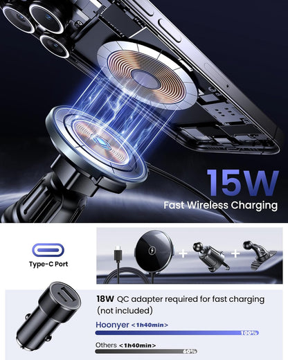 Hoonyer Magnetic Car Mount Charger,Car Phone Holder Mount, Air Vent/Dashboard,15W Fast Magnetic Car Charger for iPhone 16/15/14/13/12 Series, Fast Charging, Black