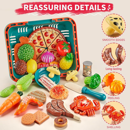 Comirth Play Food Sets for Kids Kitchen-80PC Pretend Food with 2 Kids Picnic Basket, Toy Food with Pizza Toy, Plastic Food Cutting Toys, Play Kitchen Accessories - Fake Food, Boys Girls Toddlers Gifts
