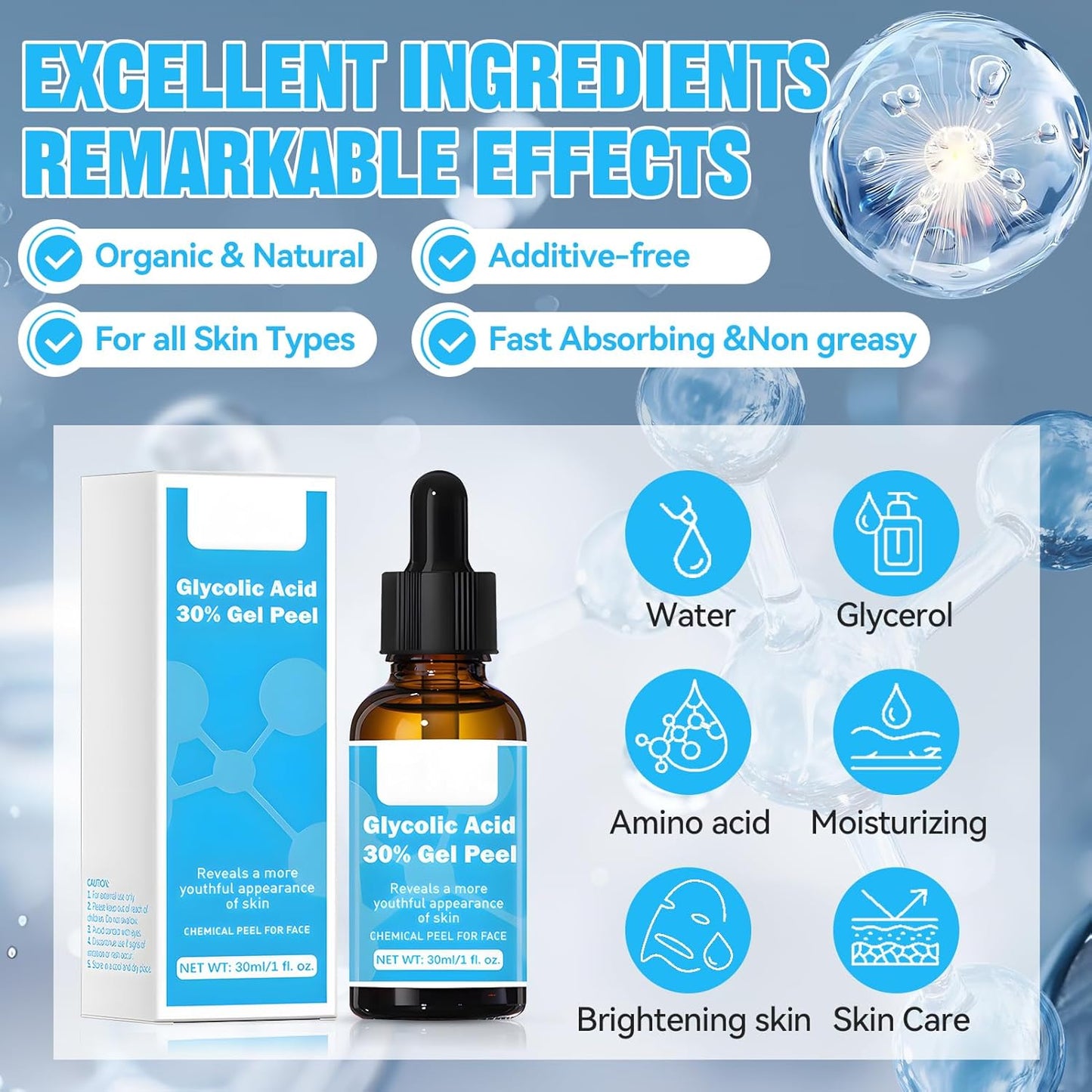 Glycolic Acid Serum Face Gel, Glycolic Acid 30% Gel, Powerful and Delicate Face Exfoliator, Glycolic Acid Renewal Serum, Smooth and Radiant Skin, Irritation-Free – 30 ml