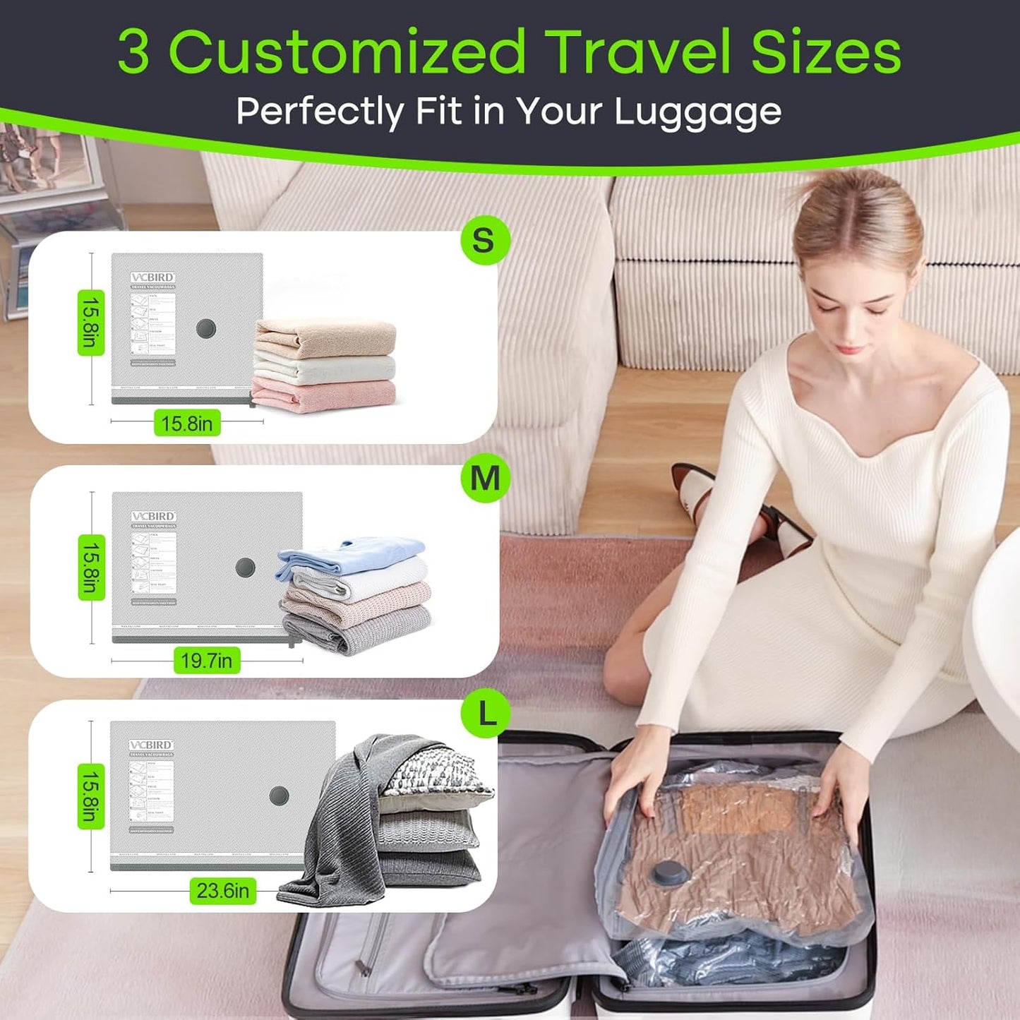 Vacbird 9 Pack Travel Vacuum Storage Bags with USB Electric Pump, Carry-on Size Space Saver Bags for Clothes and Clothing Travel，Compression Packing for Luggage and Suitcase