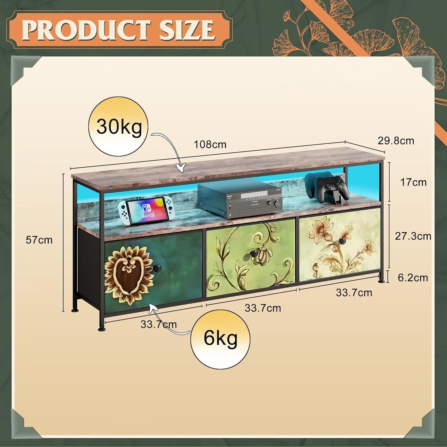 TV Cabinet 108 cm with LED Lights, 108 × 29.8 × 57 cm, Industrial TV Cabinet with 3 Drawers, Living Room TV Cabinet with LED for Bedroom, Dining Room, Living Room