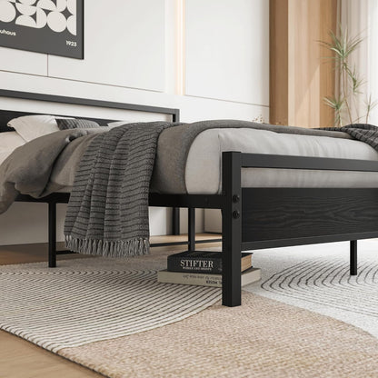 VERFARM Queen Size Bed Frames with Black Wood Headboard and Footboard,Heavy Duty Metal Platform Bed Frame Queen Size,No Box Spring Needed,Mattress Foundation/Sturdy and Stable/Noise Free,Black