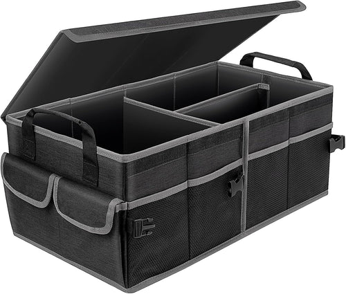BPFY Black Collapsible Car Trunk Organizer for Suv with Lid, Large Trunk Organizer for Car with Anti Slip Velcro, Oxford Multi-Compartments Car Organizer Trunk