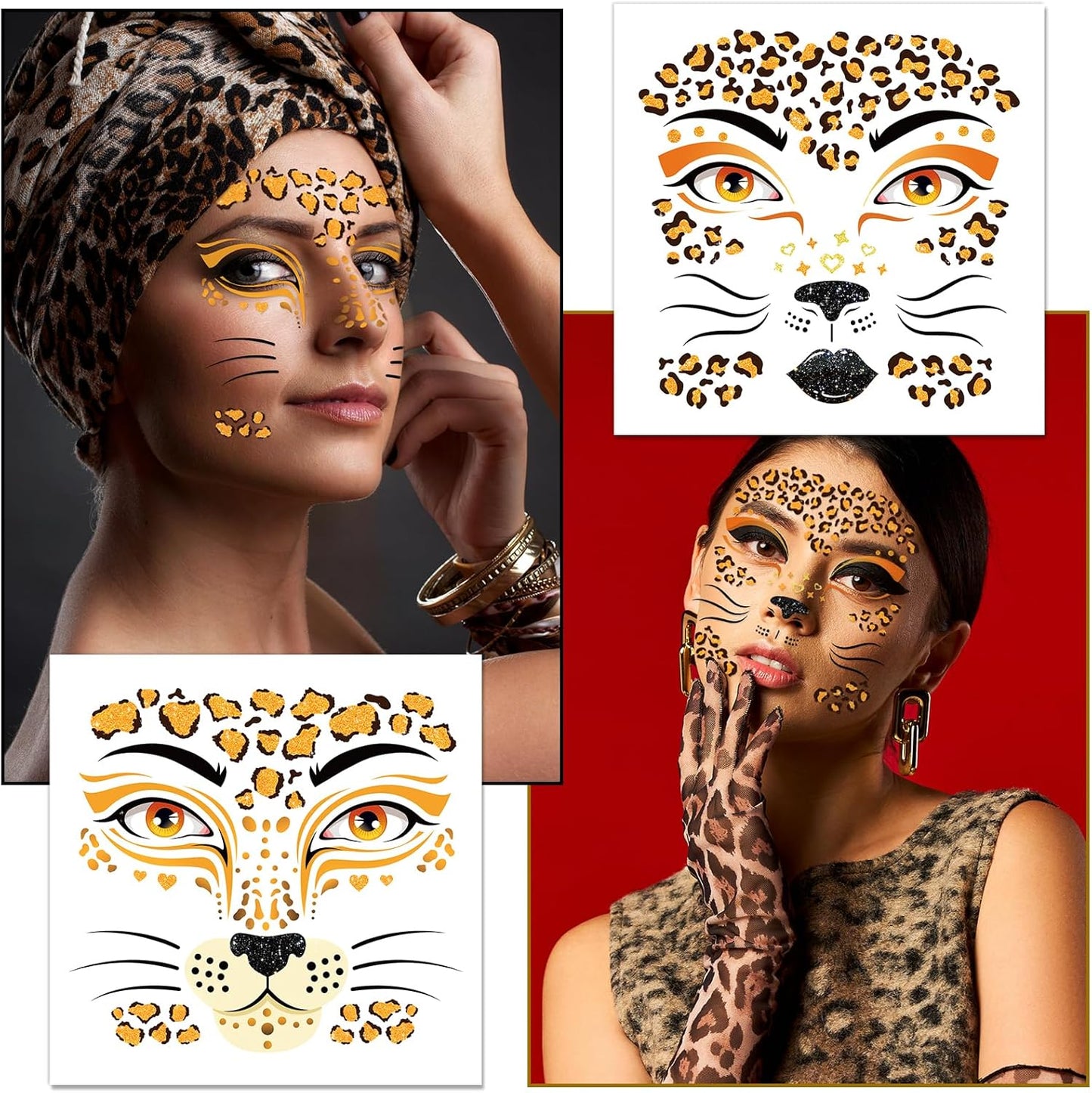 DPKOW Face Tattoos Leopard Costume Ladies Leopard Face Tattoo Halloween Leopard Temporary Tattoos Glitter Stones Face Make-up Leopard Cosplay Costumes Carnival Accessories