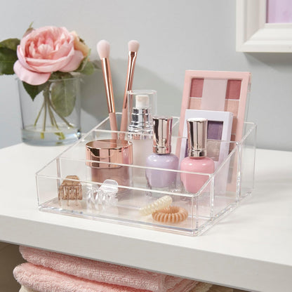 STORi Clear Plastic Vanity Makeup Organizer | Compact Rectangular 4-Compartment Holder for Brushes, Eyeshadow Palettes, & Beauty Supplies | Made in USA