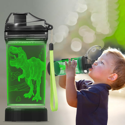 CoolGift Mart Dinosaur Water Bottle - Light Up 3D T-Rex Design - 14oz Tritan BPA Free - Best Gift for 4 5 6 7-Year-Old Boys Girls- Kids Drinking Cup - Christmas Holiday