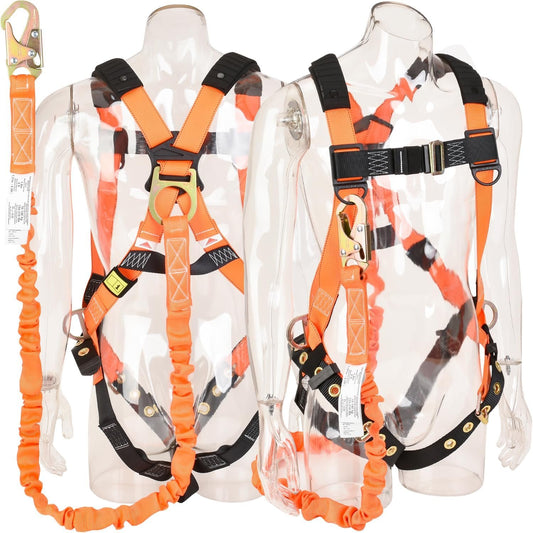 WELKFORDER 3D-Ring Fall Protection Safety Harness [3pt Adjustment＆Leg Tongue Buckles] with 6-Foot Internal Shock Absorbing Lanyard [Snap Hook End] | Permanent attached Kit | CSA Compliant