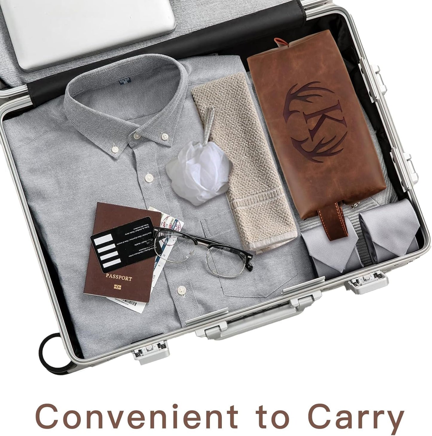 Aganmi Personalized Travel Toiletry Bag for Men Initial Letter PU Leather Waterproof Shaving Bag for Toiletries Accessories Travel Essentials Storage Bags Fathers Day Birthday Gifts for Men, Dark