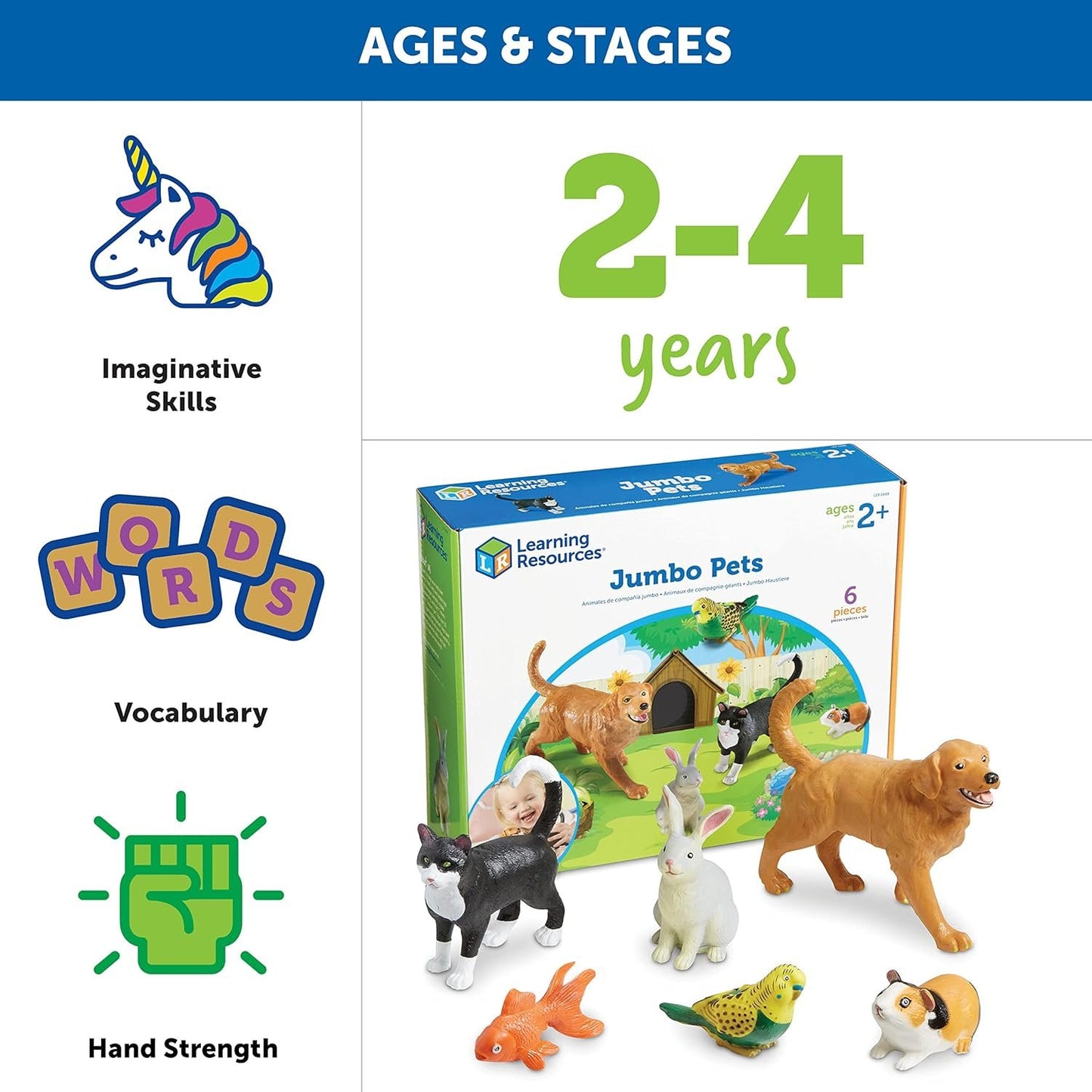 Learning Resources Jumbo Domestic Pets, Preschool Pet Toys, Classroom Desk Pets, 6 Animals, Ages 2+