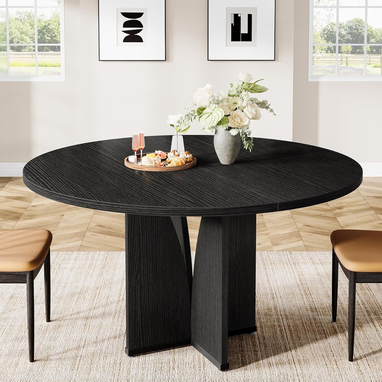 Tribesigns Round Dining Table Wood Kitchen Table for Dining Room Living Room, 39.37" Dining Table for 4 People, Farmhouse Dinner Table with Wooden Table Top and Legs(Without Chair) (Black)