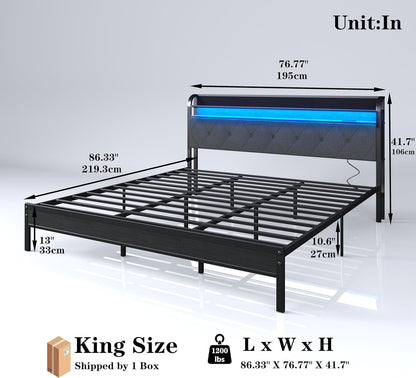 Bed Frame with Charging Station and LED Lights King Size,Upholstered Headboard with Storage Shelves(Dark Grey) Noise Free，Easy Assembly，No Box Spring Needed，Sturdy，Black+Rustic+ Brown
