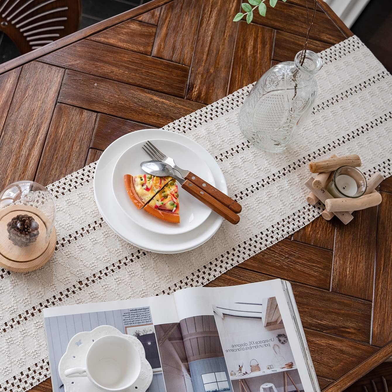 Alynsehom Macrame Table Runner Cream Beige Boho Table Runners with Tassels Hand Woven Cotton Table Runner Rustic Farmhouse Table Runners for Bohemian Kitchen Dining Table(12x95in)