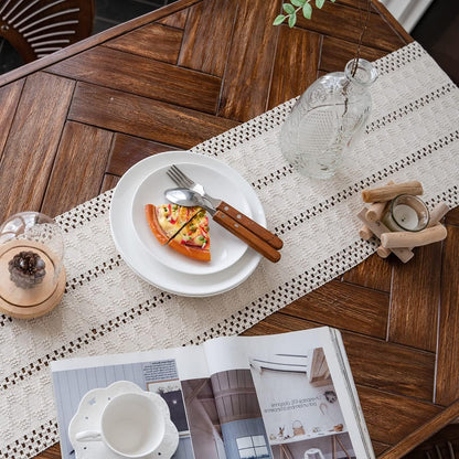 Alynsehom Macrame Table Runner Cream Beige Boho Table Runners with Tassels Hand Woven Cotton Table Runner Rustic Farmhouse Table Runners for Bohemian Kitchen Dining Table(12x95in)