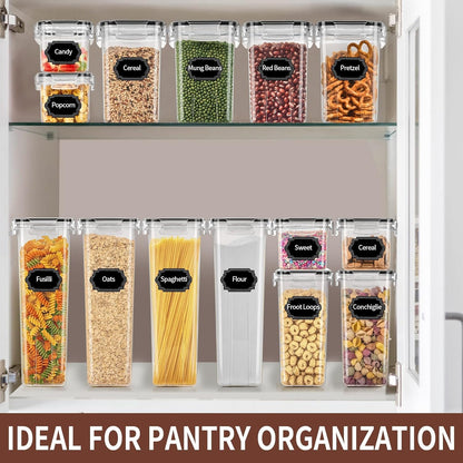 Airtight Food Storage Containers Set with Lids, 24 PCS Clear Kitchen Pantry organizers and storage, PRAKI Kitchen Storage Containers for Cereal Flour & Sugar - Labels & Marker, Black