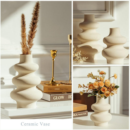 Steviieden Ceramic Vases Set 2, Modern Dried Flower Vases, Off White Round Vases, Boho Home Decor for Centerpieces Wedding Dinner Table Party Living Room Office Bedroom, Housewarming Gift