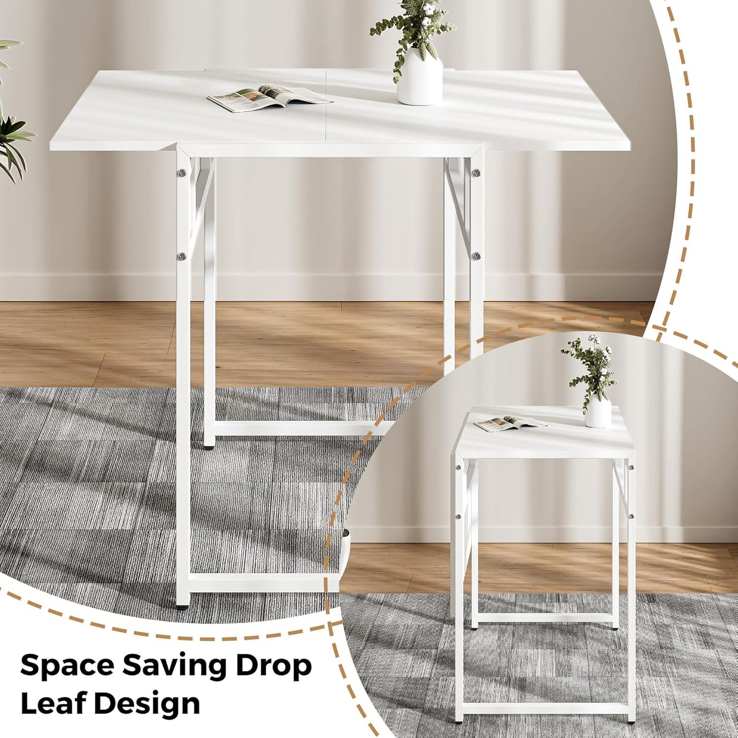 Advwin Drop Leaf Dining Table 91 * 60cm Foldable Table with Metal Frame Compact Desk for Apartment, Kitchen, Home, Office