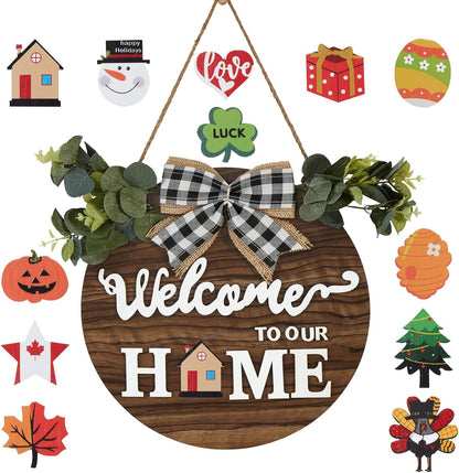FIIJRR Interchangeable Welcome Sign for Front Door with 12 Changeable Icons,Rustic Wooden Wreaths for Home/Wall/Porch/Farmhouse Decor,All Seasons Holiday Halloween (Brown)