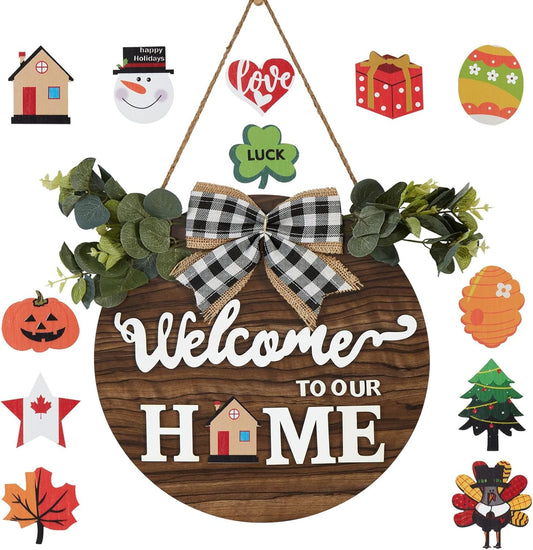 FIIJRR Interchangeable Welcome Sign for Front Door with 12 Changeable Icons,Rustic Wooden Wreaths for Home/Wall/Porch/Farmhouse Decor,All Seasons Holiday Halloween (Brown)