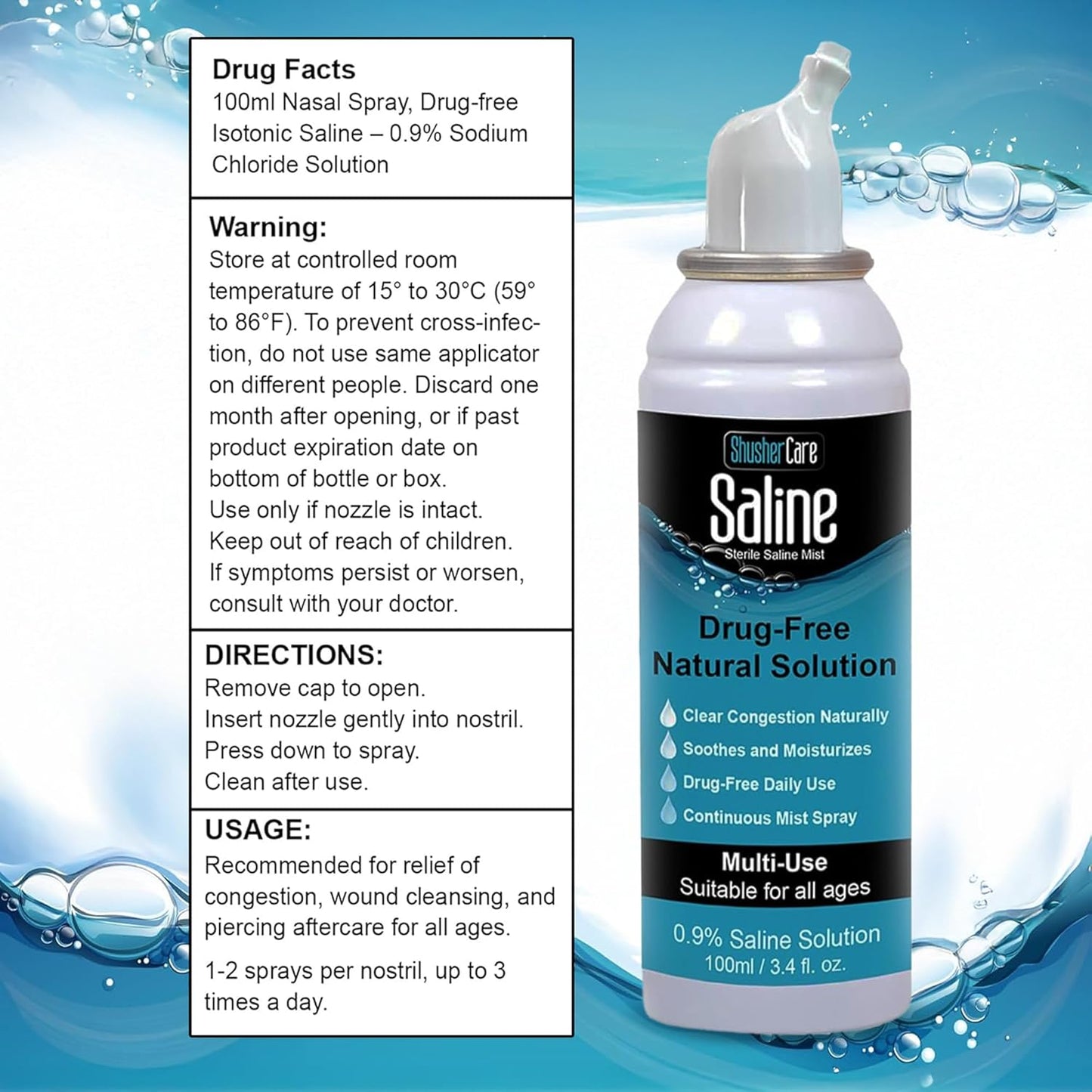 Saline Spray for Nose - Nasal Spray Saline Solution for Newborn, Baby & Adults, Salt Water Decongestant Mist for Stuffy Nose, Travel Friendly, Natural, 0.9% Saline - 100 ml (3.4 fl oz)