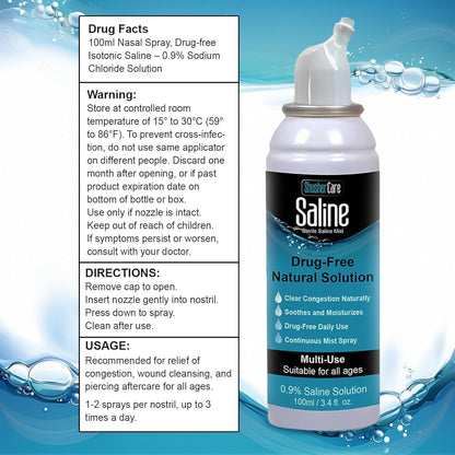 Saline Spray for Nose - Nasal Spray Saline Solution for Newborn, Baby & Adults, Salt Water Decongestant Mist for Stuffy Nose, Travel Friendly, Natural, 0.9% Saline - 100 ml (3.4 fl oz)