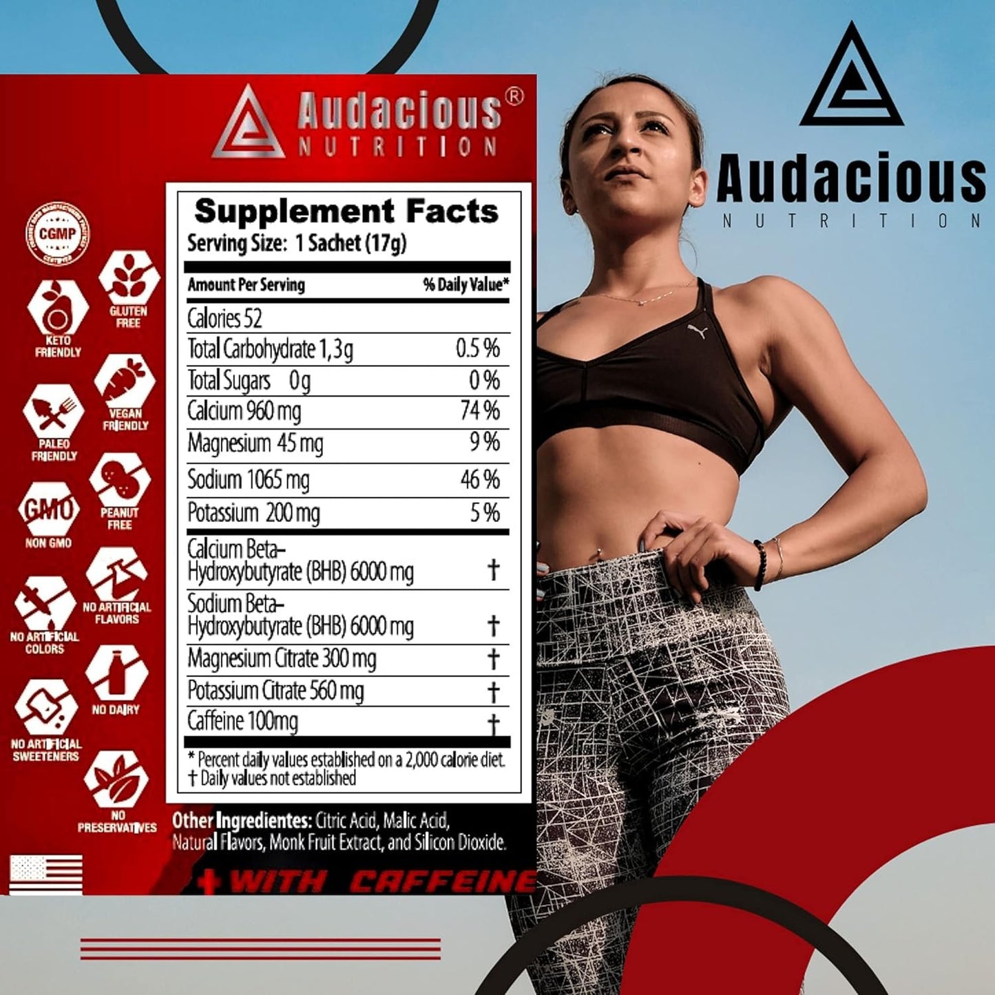 Audacious Nutrition KetoStart+ | Exogenous Ketones Powder with Electrolytes for Energy, Strength & Focus | Caffeinated | Raspberry Lemonade Flavored Electrolyte Powder (10 pa
