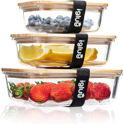 Igluu Meal Prep Glass Food Storage Containers (Set of 3), Eco-friendly Food Containers with Bamboo Lids, Nesting Glass Meal Prep Containers, Airtight Lunch Box, Plastic-free (with 3 stretchable bands)