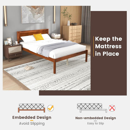 KOMFOTT Full Size Wood Platform Bed Frame with Headboard, Solid Wood Bed Frame with Slat Support, Under Bed Storage, 16” Mattress Foundation Bedroom Furniture, No Box Spring Needed (Walnut)
