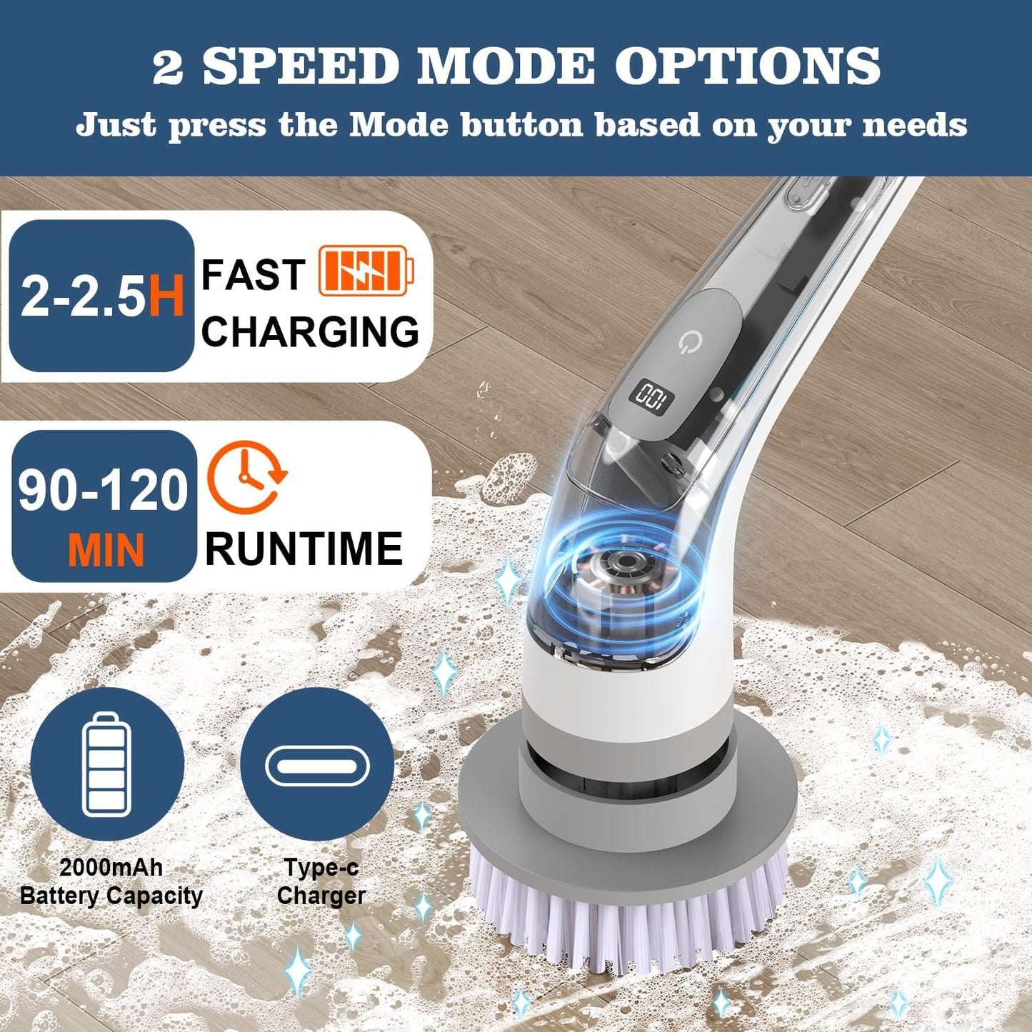 LENDAWAY 9-in-1 Multi-Purpose Electric Spin Scrubber,2 Speeds,Long Handle,Replaceable Brush Heads,for Cleaning Floors, Windows, Bathtubs, Grout, Tiles, Sink, Car (Greywhite)