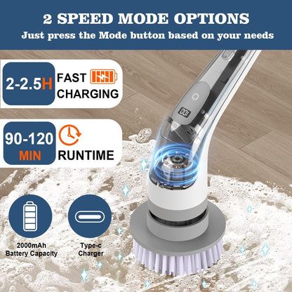 LENDAWAY 9-in-1 Multi-Purpose Electric Spin Scrubber,2 Speeds,Long Handle,Replaceable Brush Heads,for Cleaning Floors, Windows, Bathtubs, Grout, Tiles, Sink, Car (Greywhite)