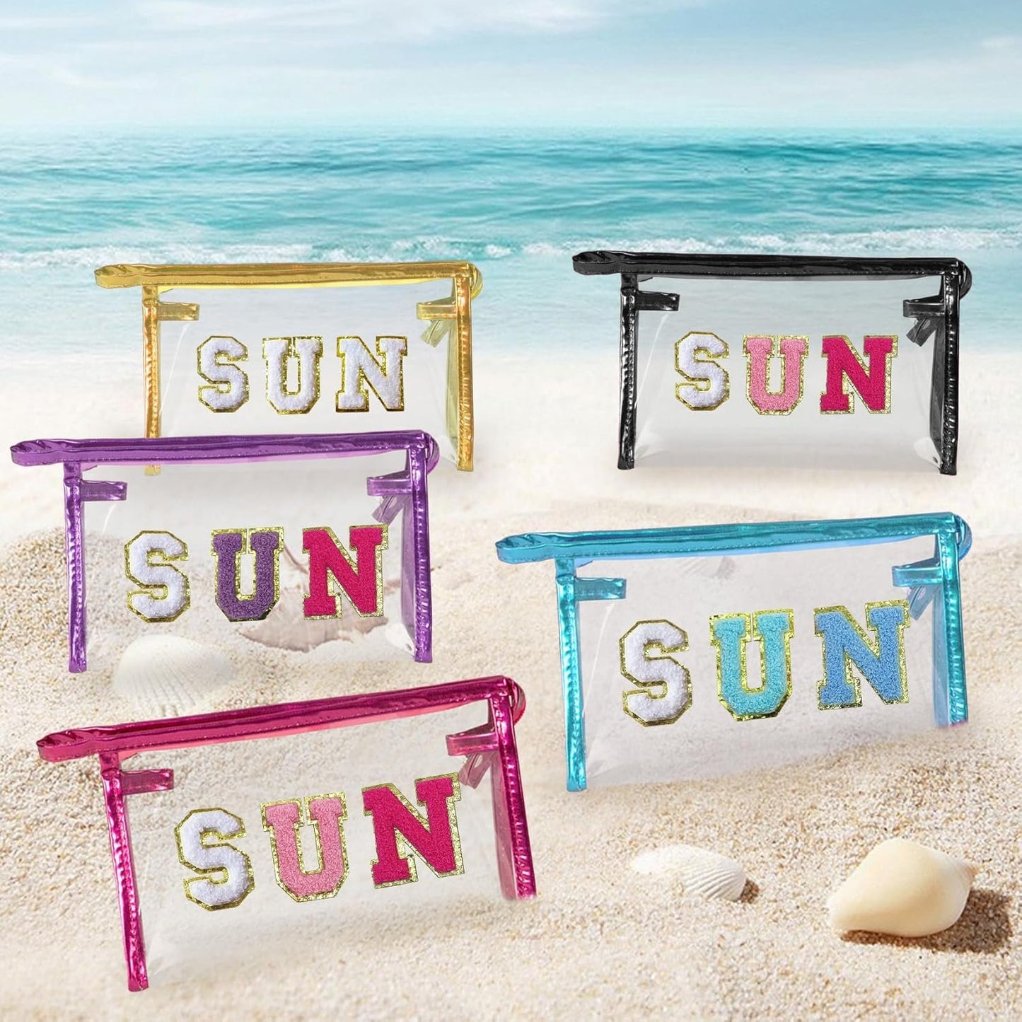 COSHAYSOO Clear Makeup Bag Sunscreen Pouch with Letter Patches Summer Beach Essential Stuff Accessories Birthday Christmas Gifts for Women Mom Teacher Nurse, Blue-SUN, Preppy