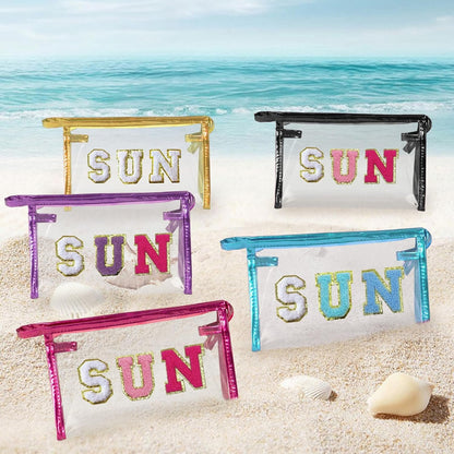 COSHAYSOO Clear Makeup Bag Sunscreen Pouch with Letter Patches Summer Beach Essential Stuff Accessories Birthday Christmas Gifts for Women Mom Teacher Nurse, Blue-SUN, Preppy