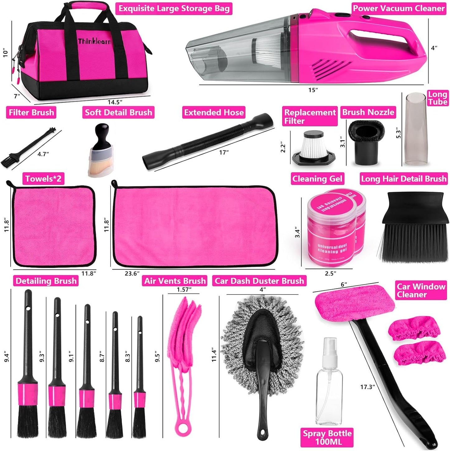 Car Cleaning Kit, Car Vacuum Detailing Kit Interior with High Power Handheld Vacuum, Including 7Pcs Detailing Brush Set, Windshield Cleaner, Pink Car Accessories for Women