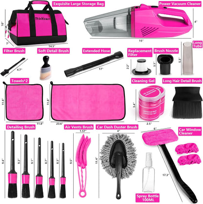 Car Cleaning Kit, Car Vacuum Detailing Kit Interior with High Power Handheld Vacuum, Including 7Pcs Detailing Brush Set, Windshield Cleaner, Pink Car Accessories for Women