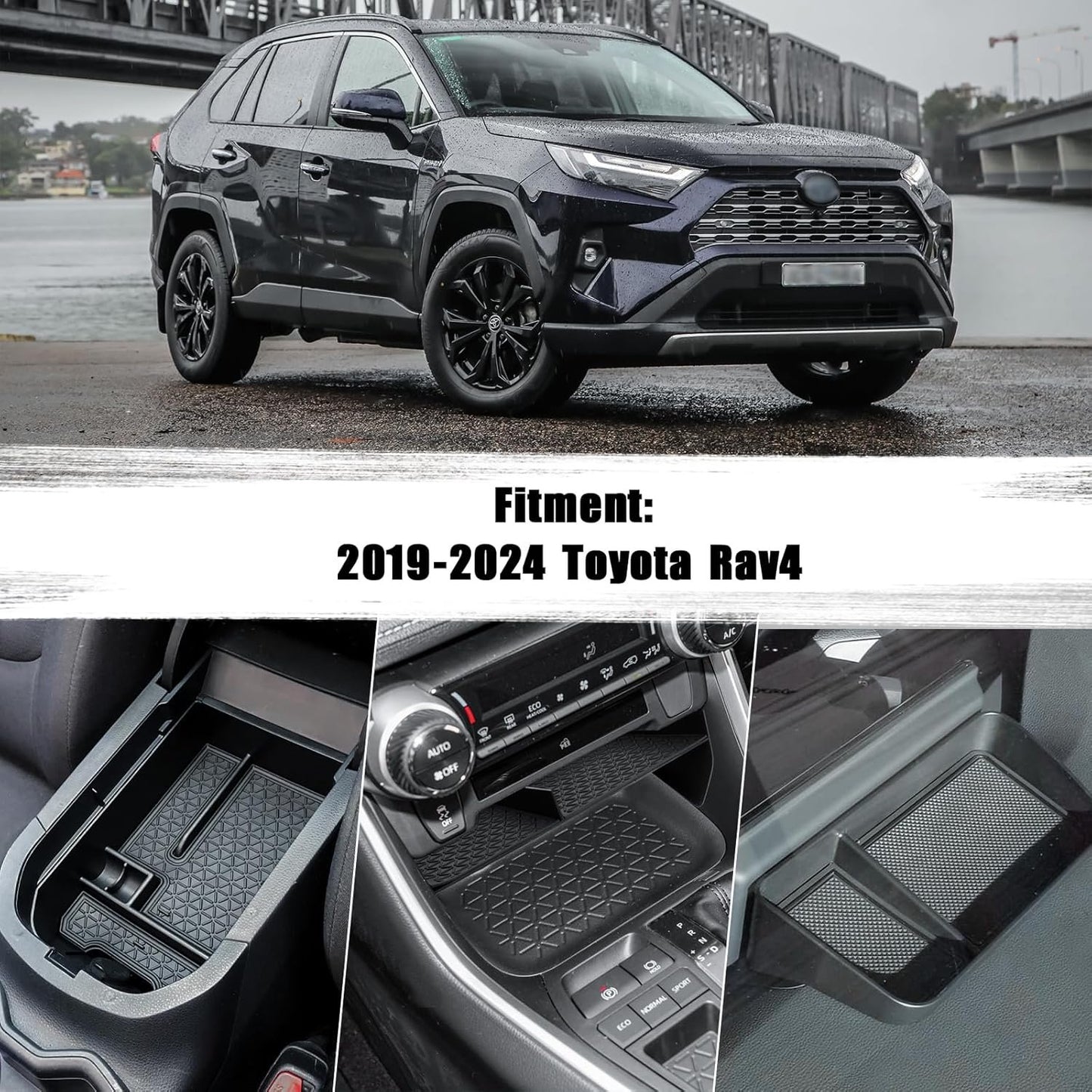 Neepiar 3PCS Center Console Organizer Tray and Armrest Storage Box Compatible with Toyota RAV4 2019-2022 2023 2024 2025 Dash Storage Tray Interior Accessories-Not for New 10.5'' Multimedia Display