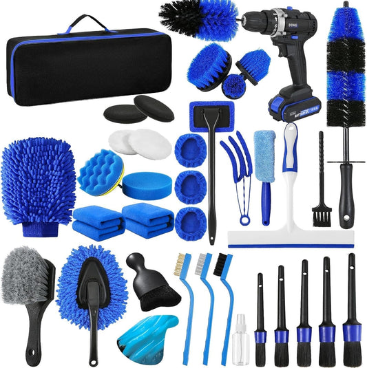 37Pcs Car Detailing Kit, Car Detailing Brush Set, Car Cleaning Kit, Car Detailing Brushes, Car Cleaning Tools Kit,Professional Car Care Kit - Car Wash Brush kit for Interior Exterior Wheels (Blue)