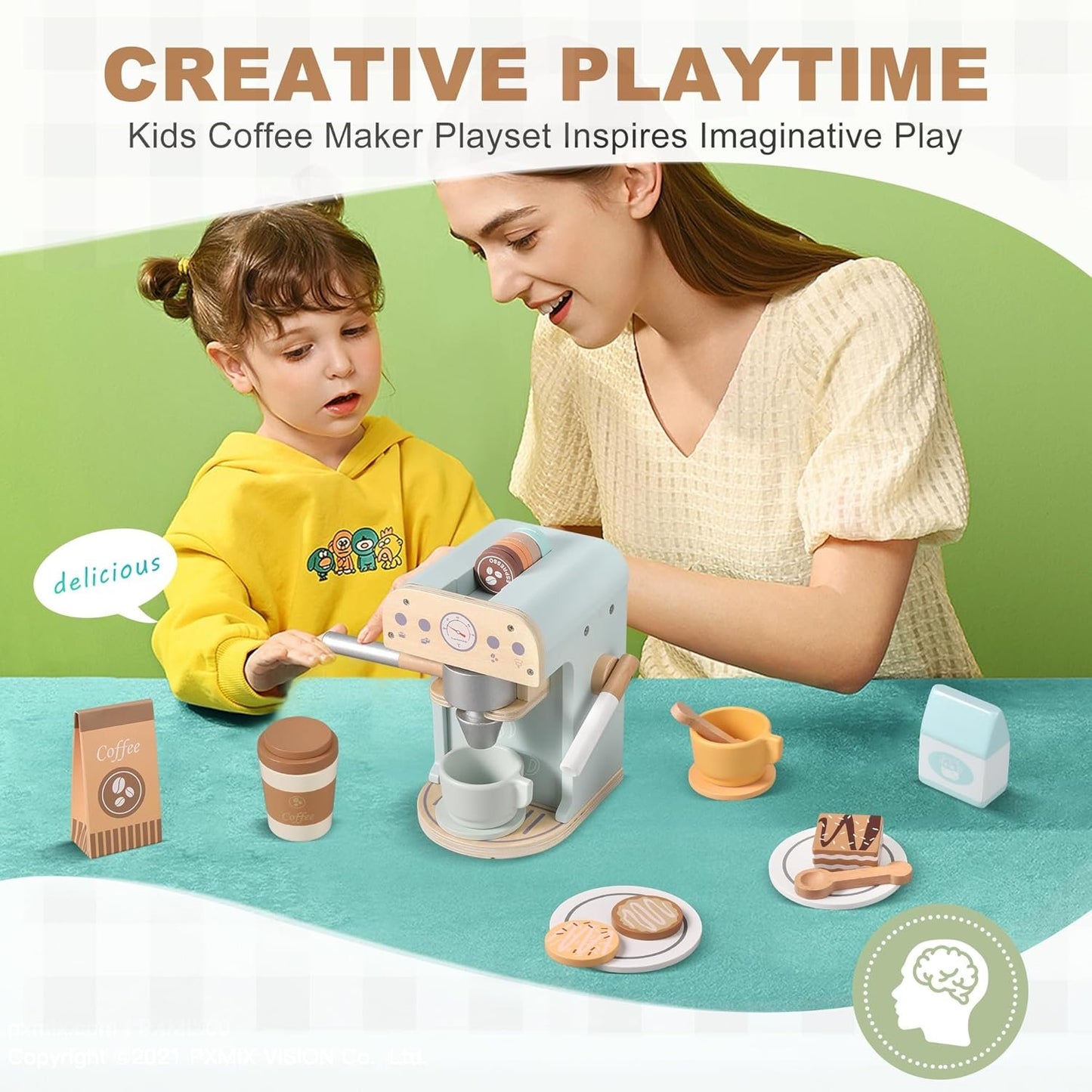 Pithfor Kids Wooden Coffee Maker Toy, Wooden Play Kitchen Appliances & Accessories Toy for Kids Toddlers, Gift for Girls Boys