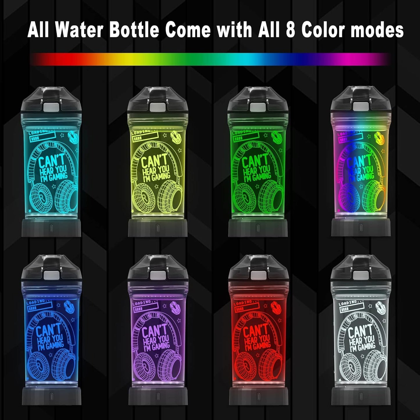 Can't Hear You I'm Gaming Water Bottle, YuanDian 7 Color Lights 3D Light up Drinking Cups Gifts for Gamers, BPA Free Tritan & Leak Proof Flip Top Lid & Easy Clean & Carry Handle, 14oz/ 400ml