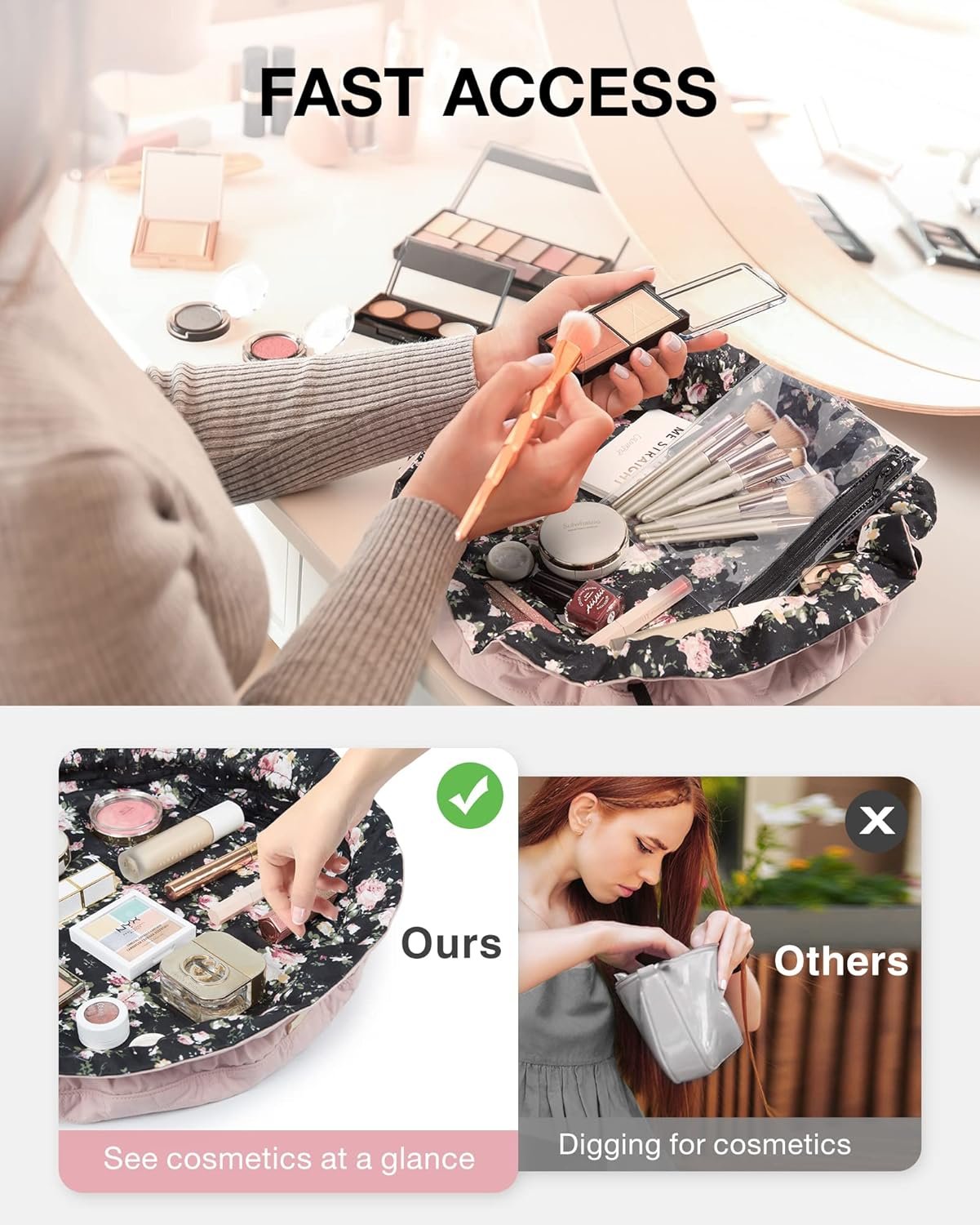 BAGSMART Drawstring Makeup Bag, Cosmetic Bag Travel Makeup Organizer Case with Clear Pouch Set, Portable Make Up Bags for Women Toiletries Accessories Brush,Pink,Large