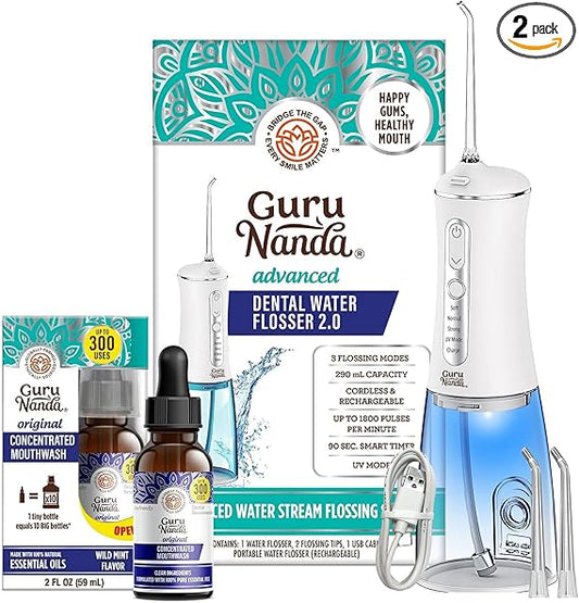 GuruNanda Advanced Water Flosser 2.0 with UV Mode & Concentrated Mouthwash Duo - Fresh Breath & Thorough Plaque Removal for a Brighter Smile