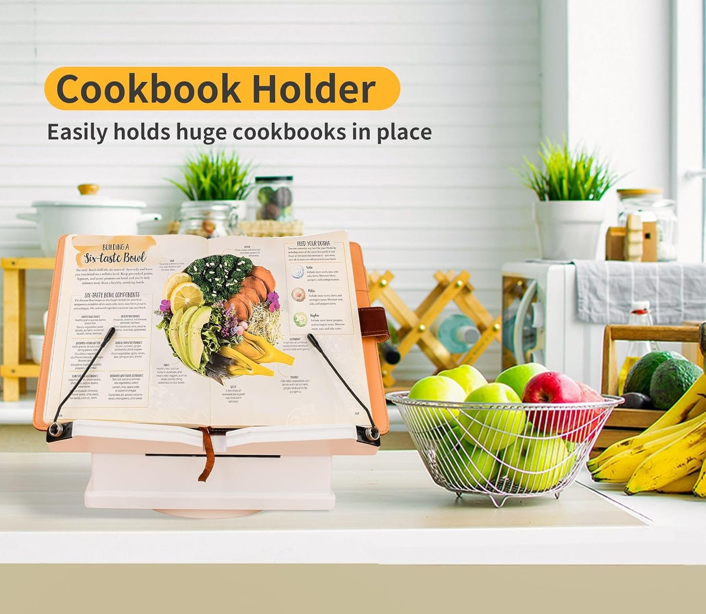 Large Wooden Book Stand with Carousel Base –Adjustable Book Holder with Storage Box and Magnetic Stand – 360° Rotate Wooden Book Organizer for Cookbook, Reading Book, Magazine, Laptop (White)