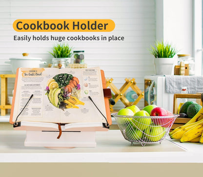 Large Wooden Book Stand with Carousel Base –Adjustable Book Holder with Storage Box and Magnetic Stand – 360° Rotate Wooden Book Organizer for Cookbook, Reading Book, Magazine, Laptop (White)