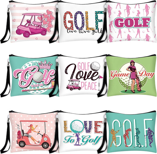 Shinylin 18 Pieces Golf Gift for Women Golfers Cosmetic Bags 9 Styles Makeup Bag Bulk Zipper Pouch Travel Toiletry Bags Purses Organizer Case for Ladies Girls Golfers Lover Player Accessories