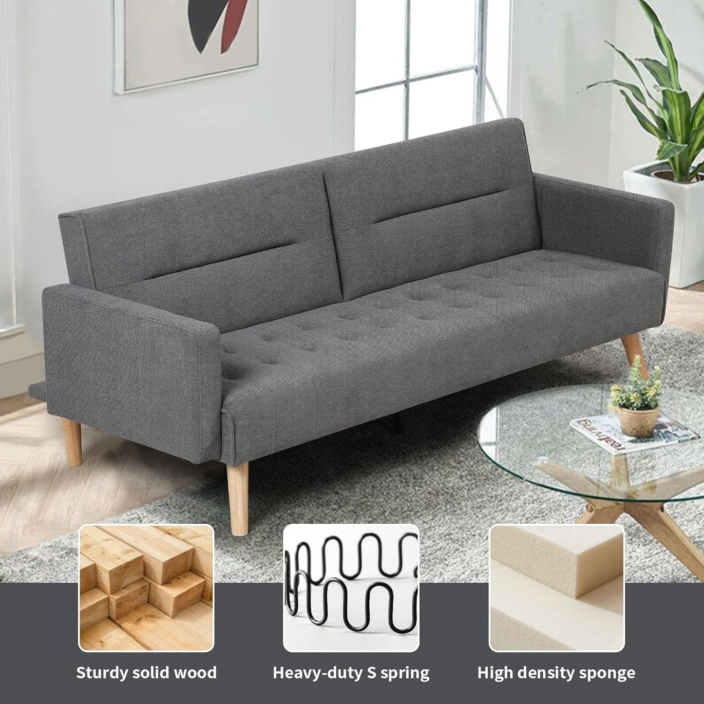 Familand 3 Seater Convertible Futon Sofa Bed, Linen Loveseat Sofa Couch, Recliner Sofa Lounge with 3 Adjustable Backrest, Comfy Couch for Small Spaces, Living Room, Bedroom,Load Up to 300kg,Grey