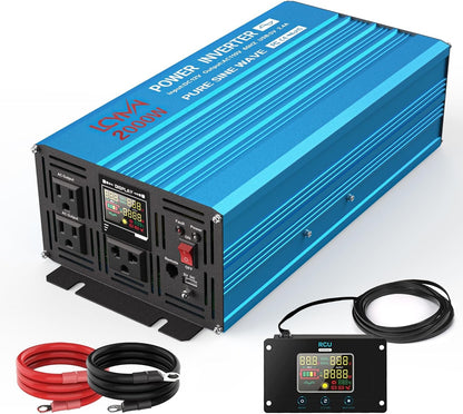 LCYMW 2000 Watt Inverter Pure Sine Wave DC 12V to 110V AC Power Inverters with 3 AC Charger Outlets, Car Inverter Solar Power Inverters for Vehicles Home with LCD Display and 2.4A USB Charging Ports