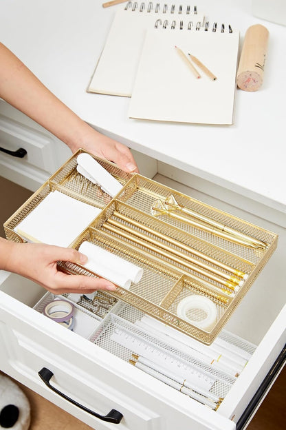 Annova Desk Drawer Organizer Tray for Office Organization - Metal Mesh - Storage Tray with Dividers for Pens, Desktop Accessories, Bathroom, Kitchen, Makeup and Office Supplies (Gold)